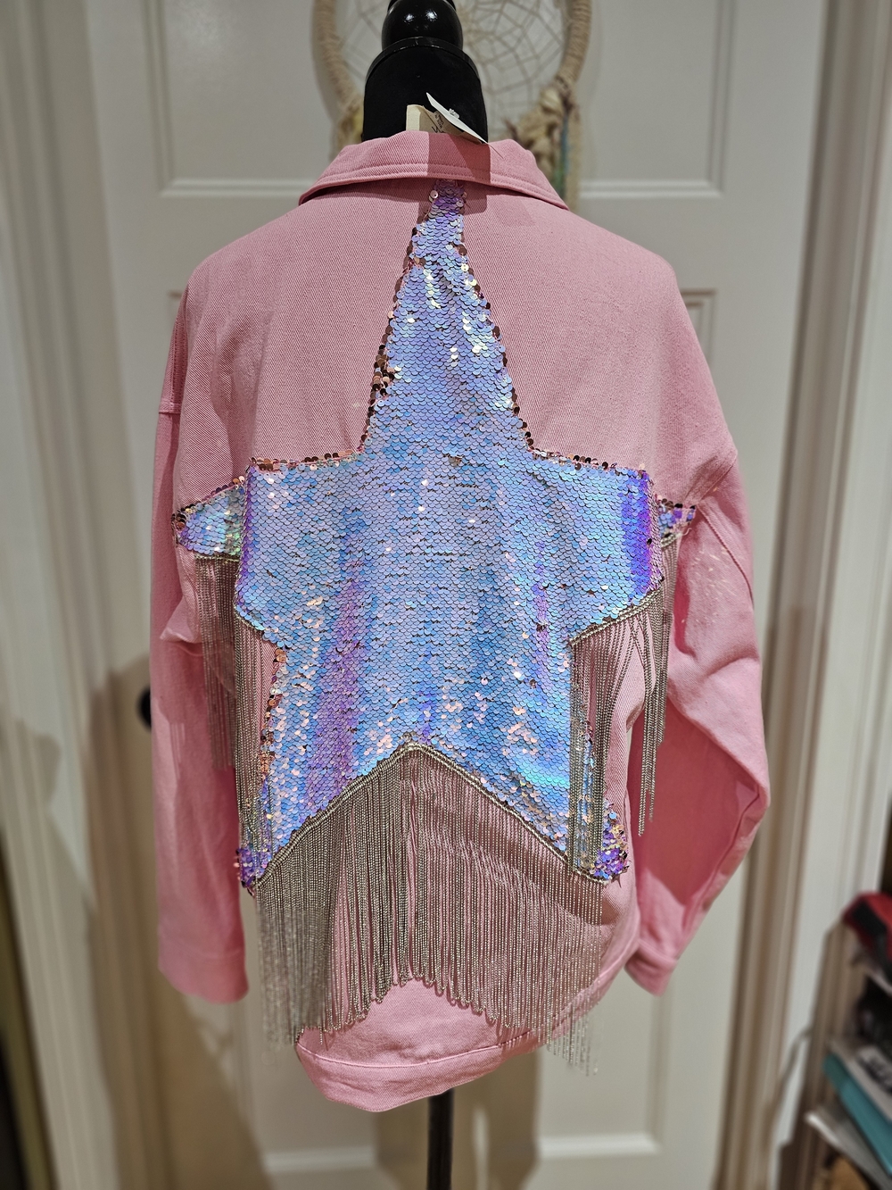 Fantastic Fawn Pink Denim Jacket  with Bead Fringe & Sequins Star, NWT